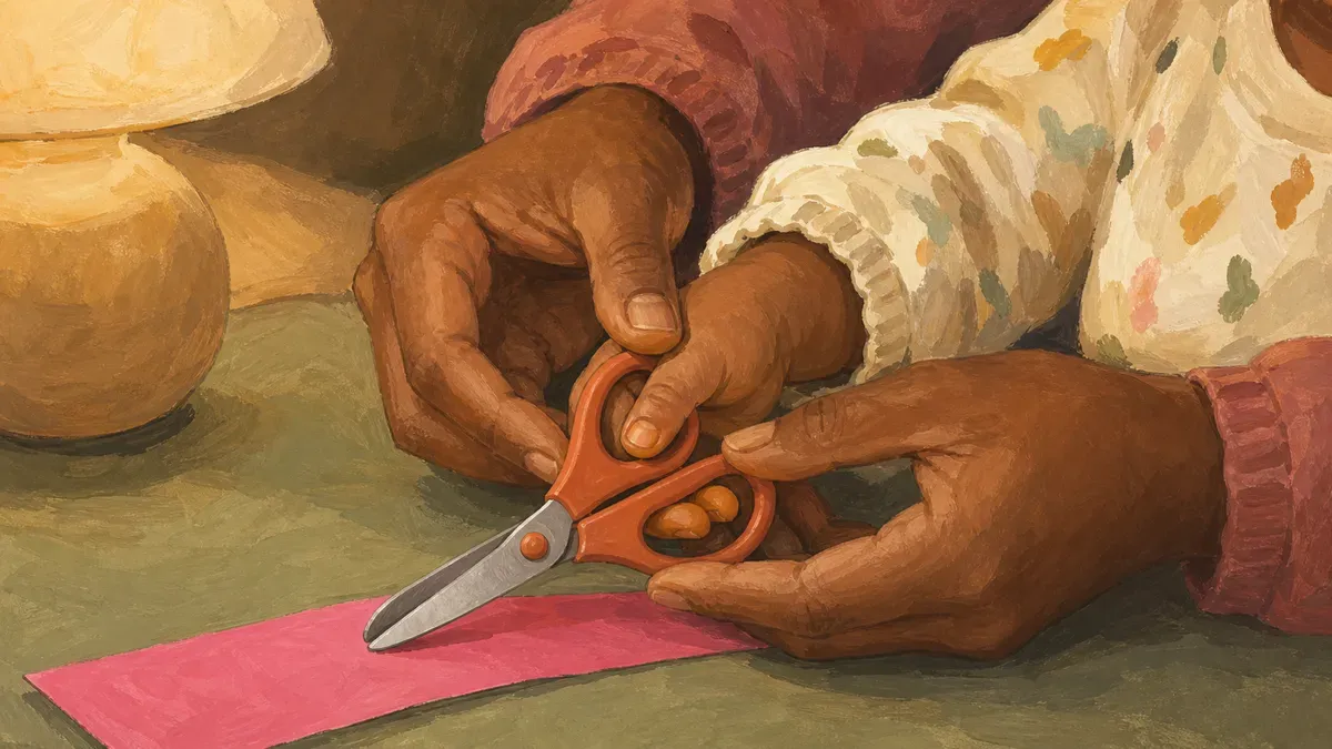 Adult hand guiding a child's grip to correct an upside-down scissor hold