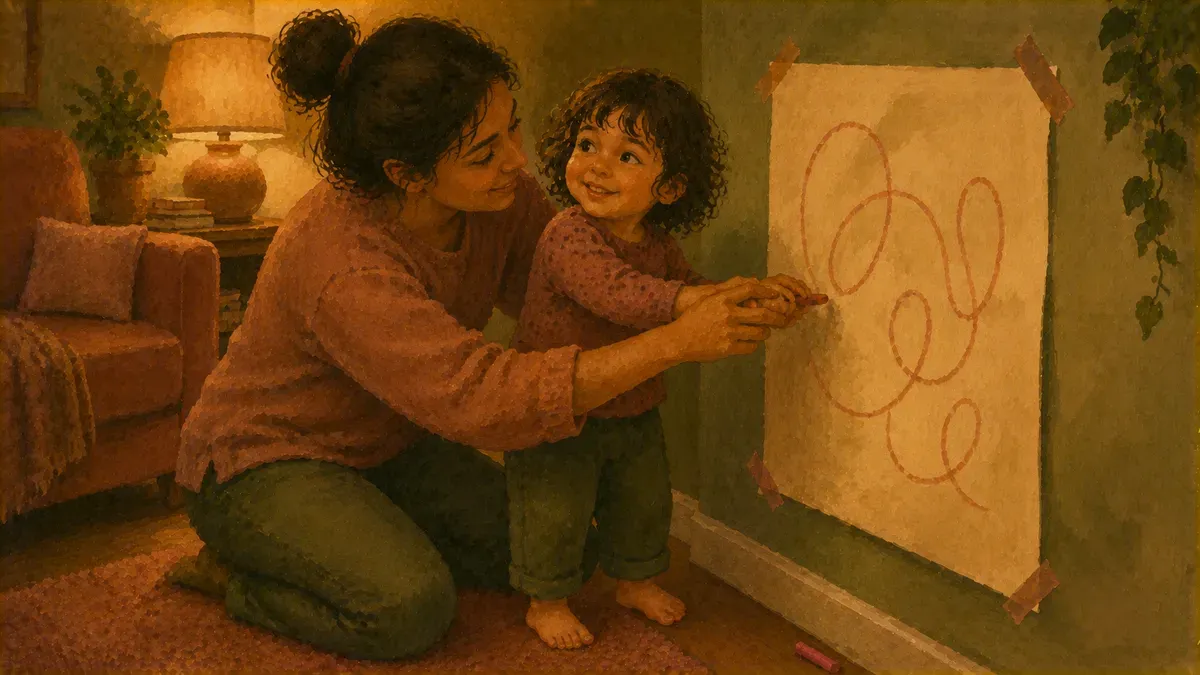 Adult hand guiding a child's hand while drawing on a vertical surface