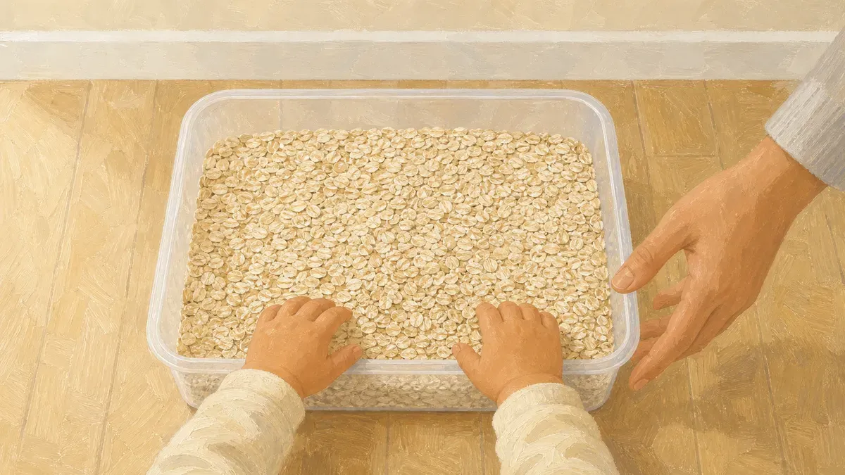 Adult hand supervising a toddler exploring a taste-safe oat bin
