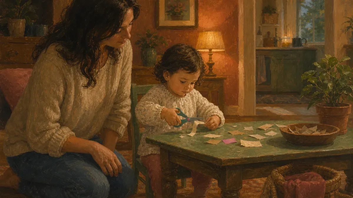 Adult supervising a child cutting with rounded safety scissors