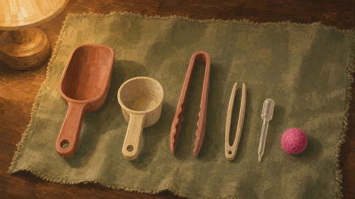 Age progression chart showing sensory bin tools from whole-hand scoops to fine tweezers
