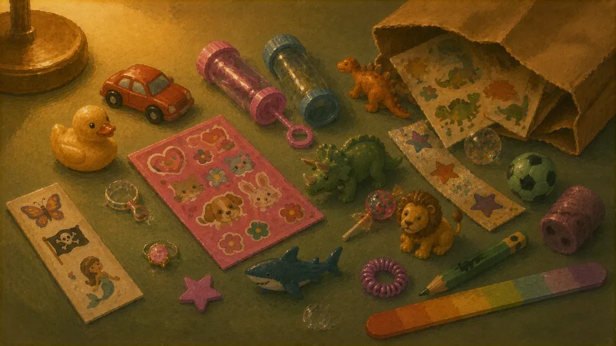 Assortment of small dollar-store potty training prizes laid out on a table