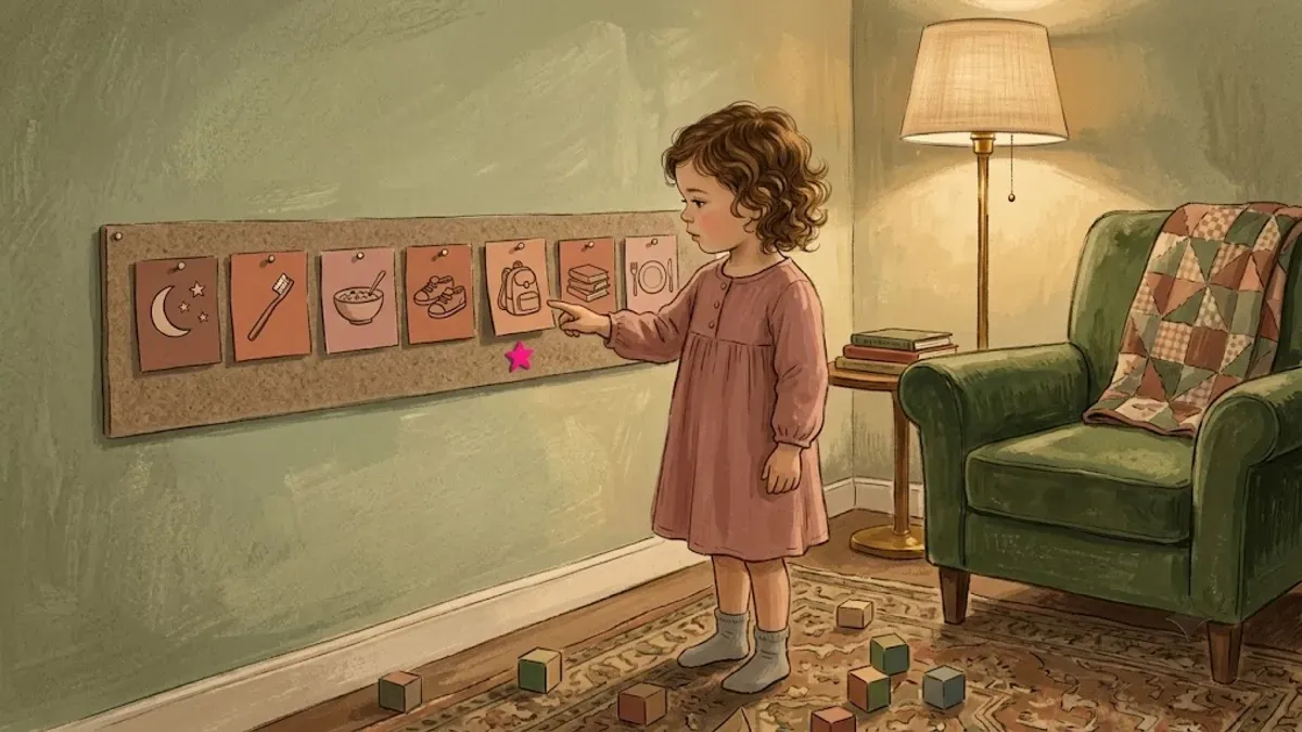 Autistic child calmly checking a wall-mounted picture schedule before an activity