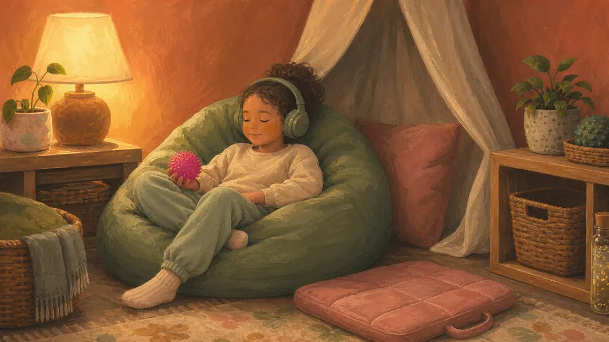 Autistic student sitting calmly in a sensory calm corner with soft lighting and headphones