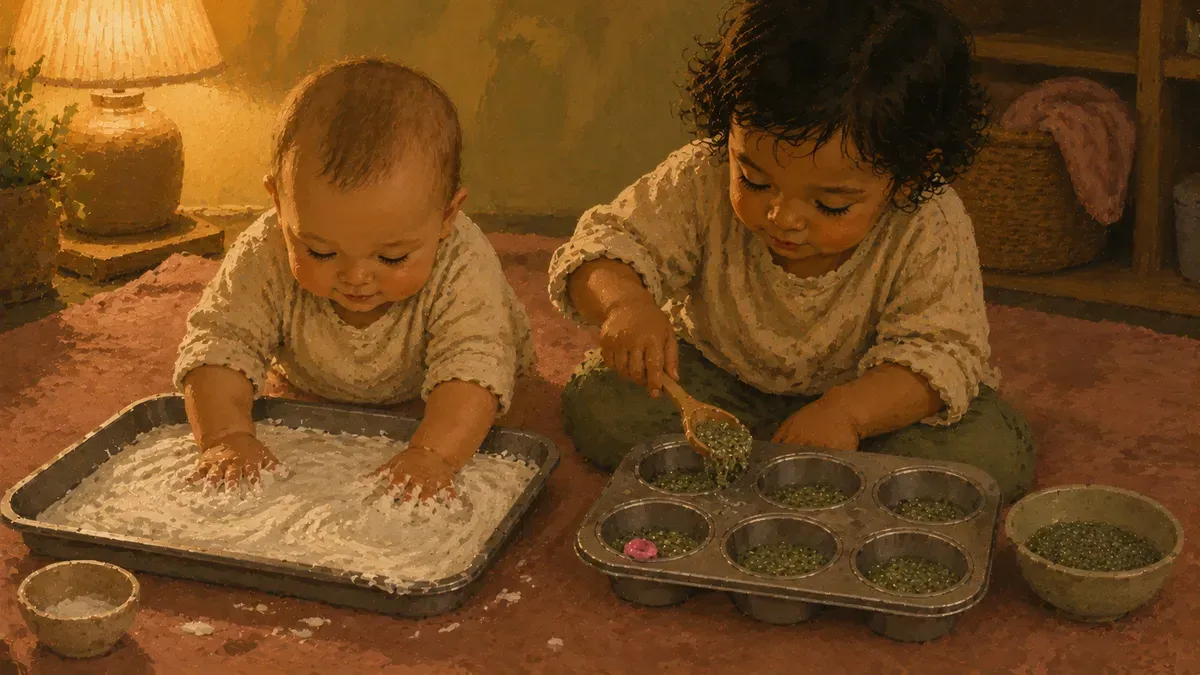 Baby touching plain yogurt on a sensory tray while an older toddler scoops chia gel into a muffin tin