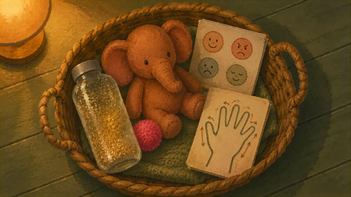 Basket of DIY calming tools: glitter jar, soft toy, feelings chart, and breathing card