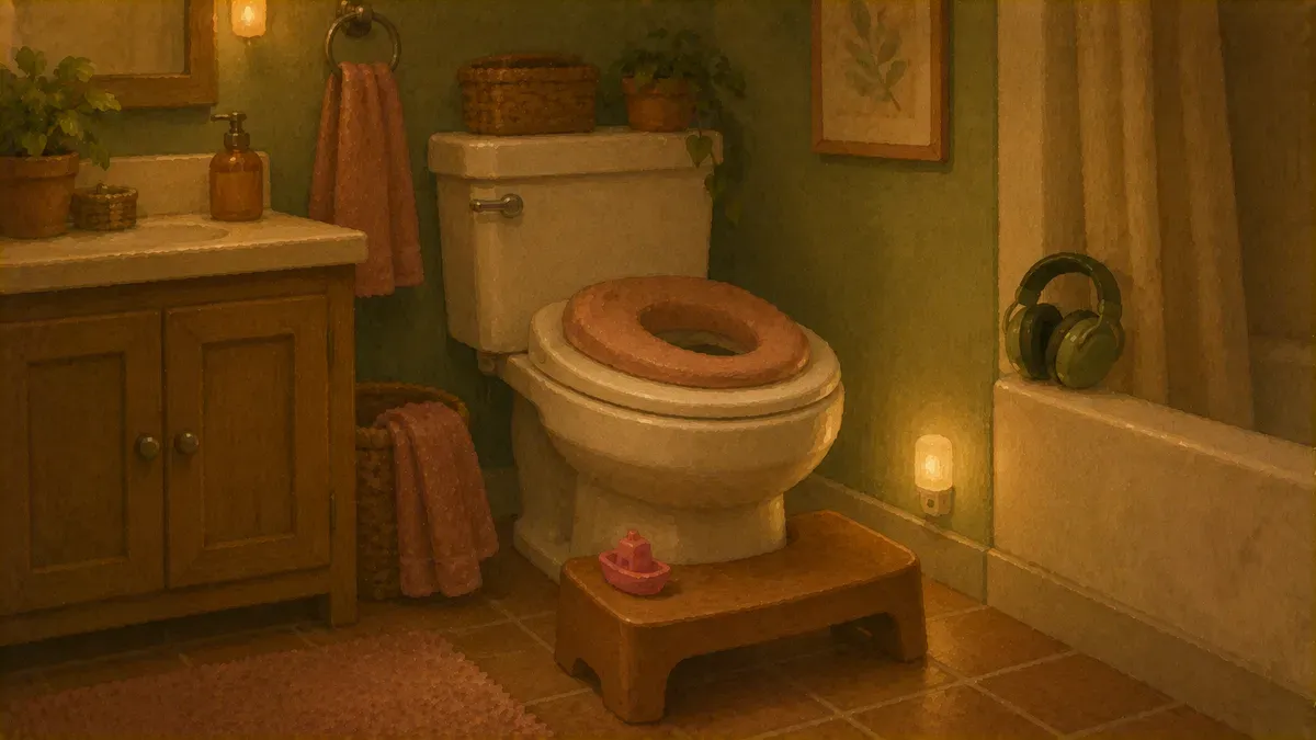 Bathroom set up with soft toilet seat insert and noise-cancelling headphones for a sensory-sensitive toddler