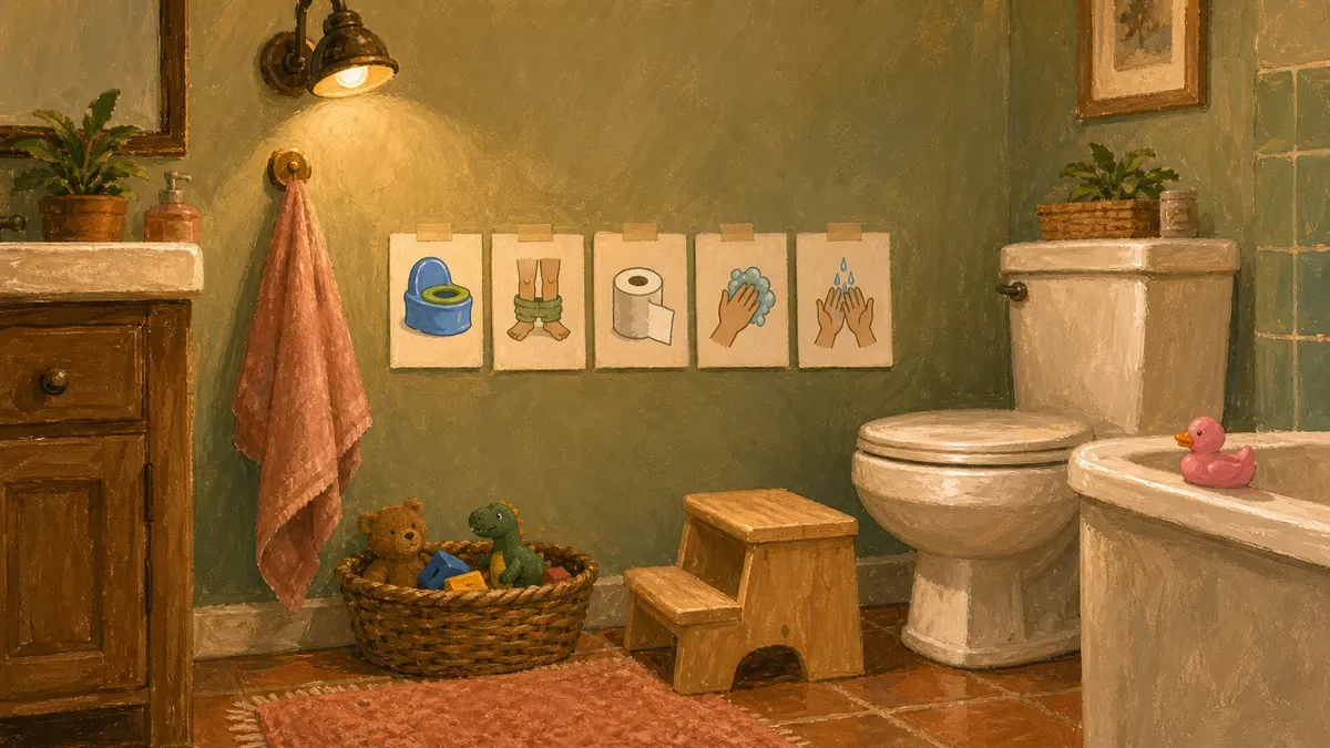 Bathroom with a picture-based visual schedule taped at child height and a step stool
