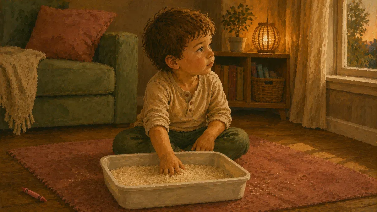 Bored preschooler half-heartedly scooping plain rice from a sensory bin