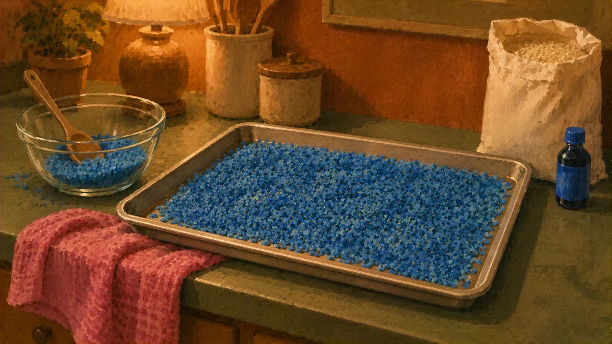 Bowl of bright blue rice drying on a baking sheet next to food coloring and a bag of white rice