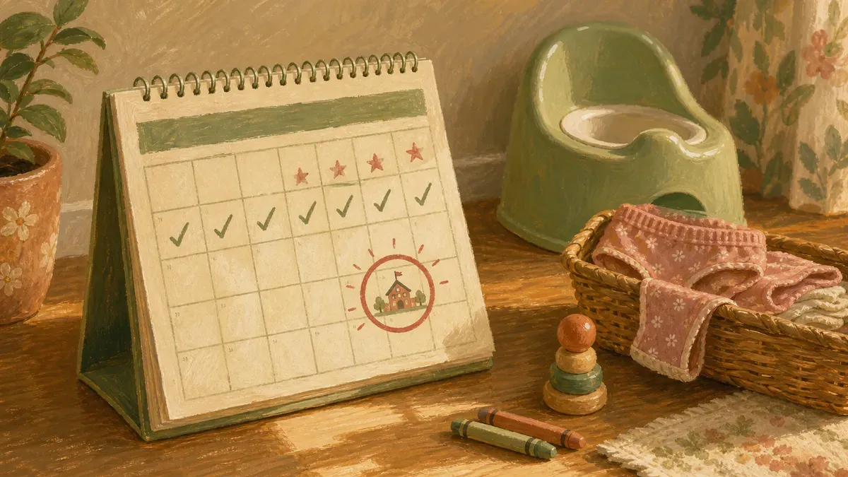 Calendar with potty training milestones marked across weeks before a preschool start date