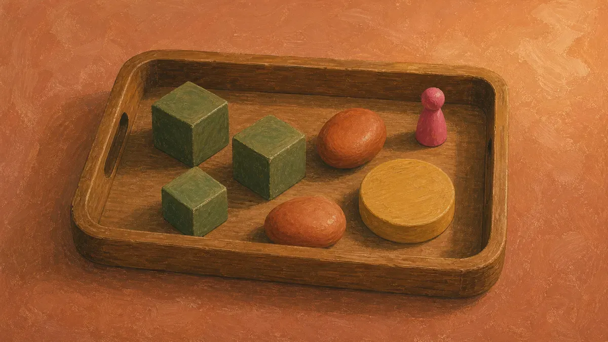 Calm color sorting tray with high-contrast objects on a plain background
