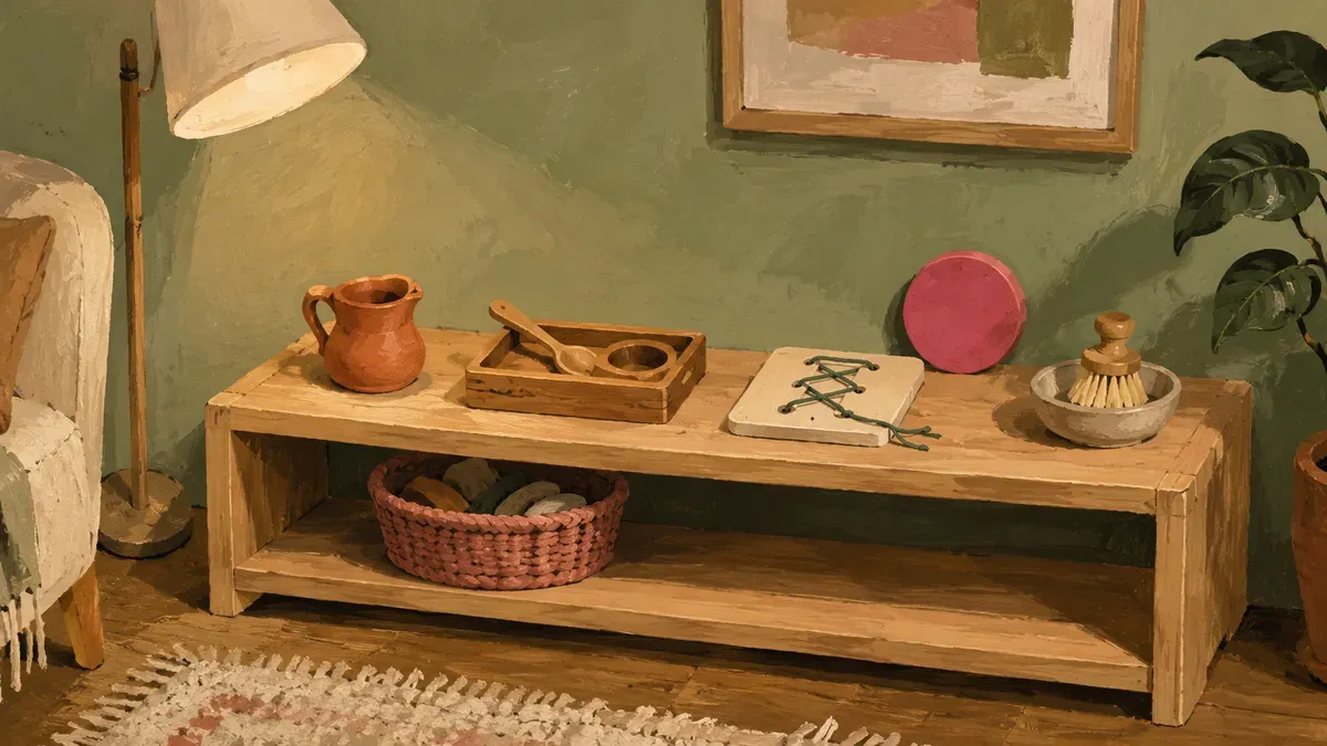 Calm decluttered Montessori shelf at home with a few rotated activities for a 3-year-old