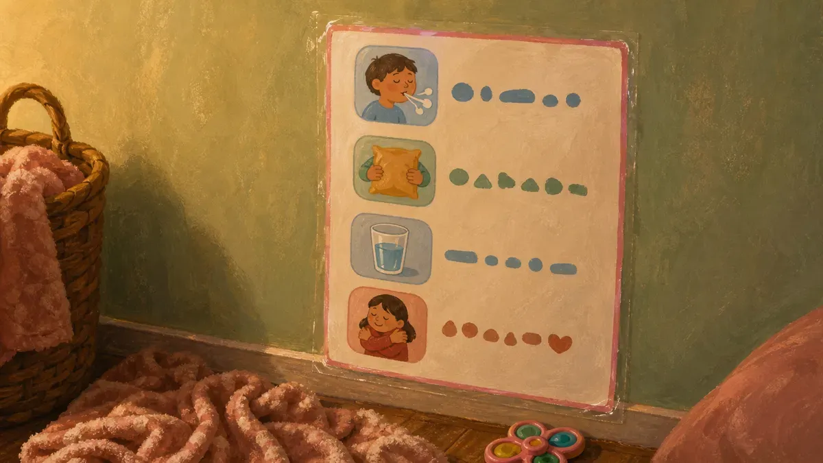 Calm down corner poster at child eye-level showing breathing steps with simple icons