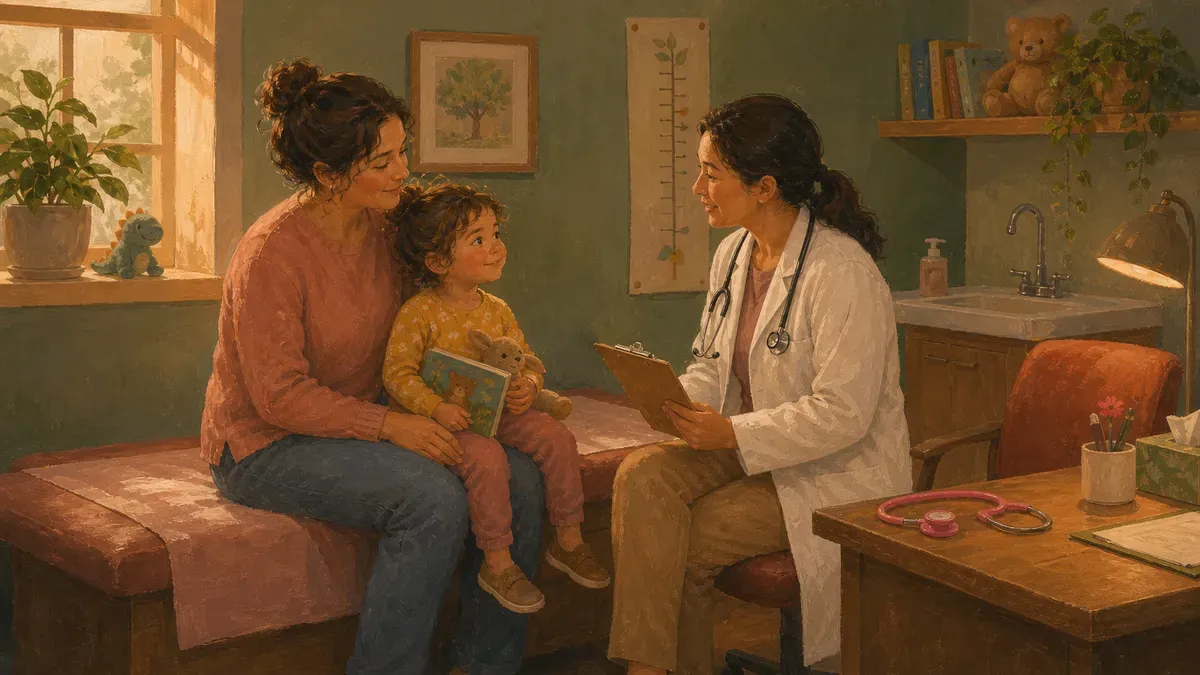 Calm parent and preschooler together at a doctor's office
