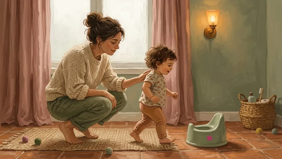 Calm parent guiding a smiling toddler to a small potty in a sunny bathroom