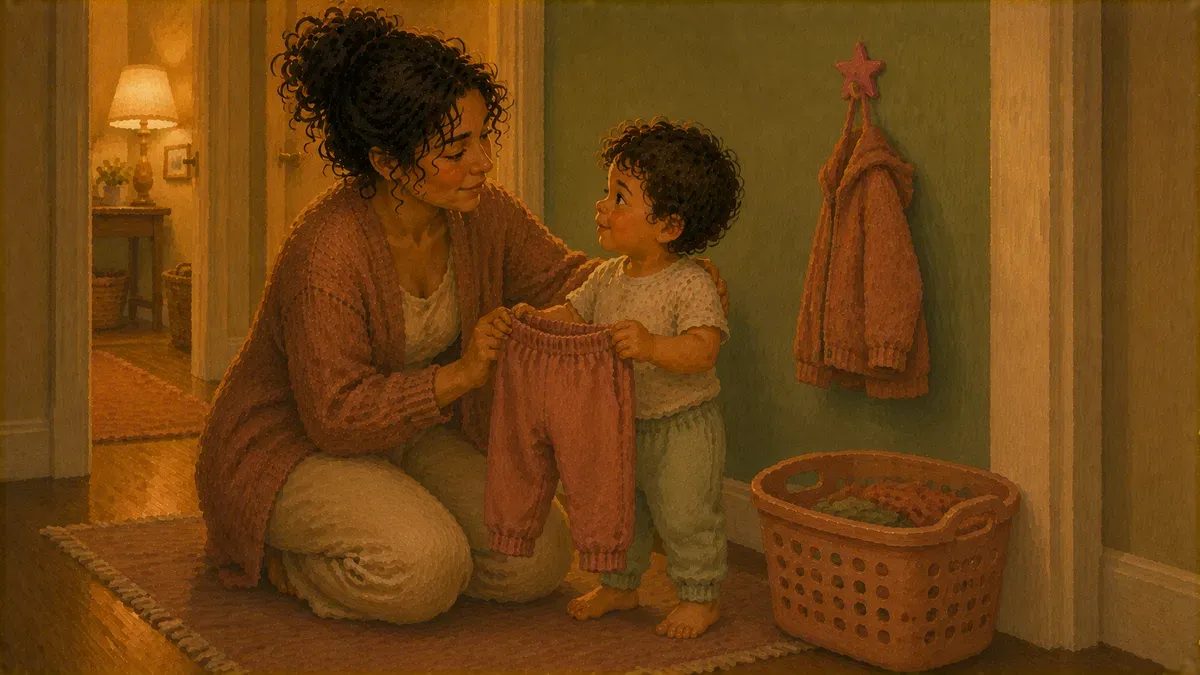 Calm parent helping a child change after an accident, showing no frustration