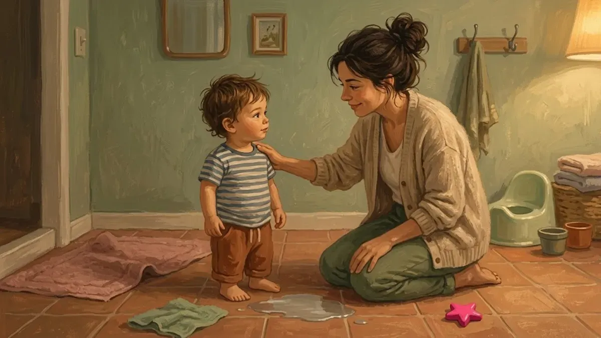Calm parent reassuring a toddler after a potty accident