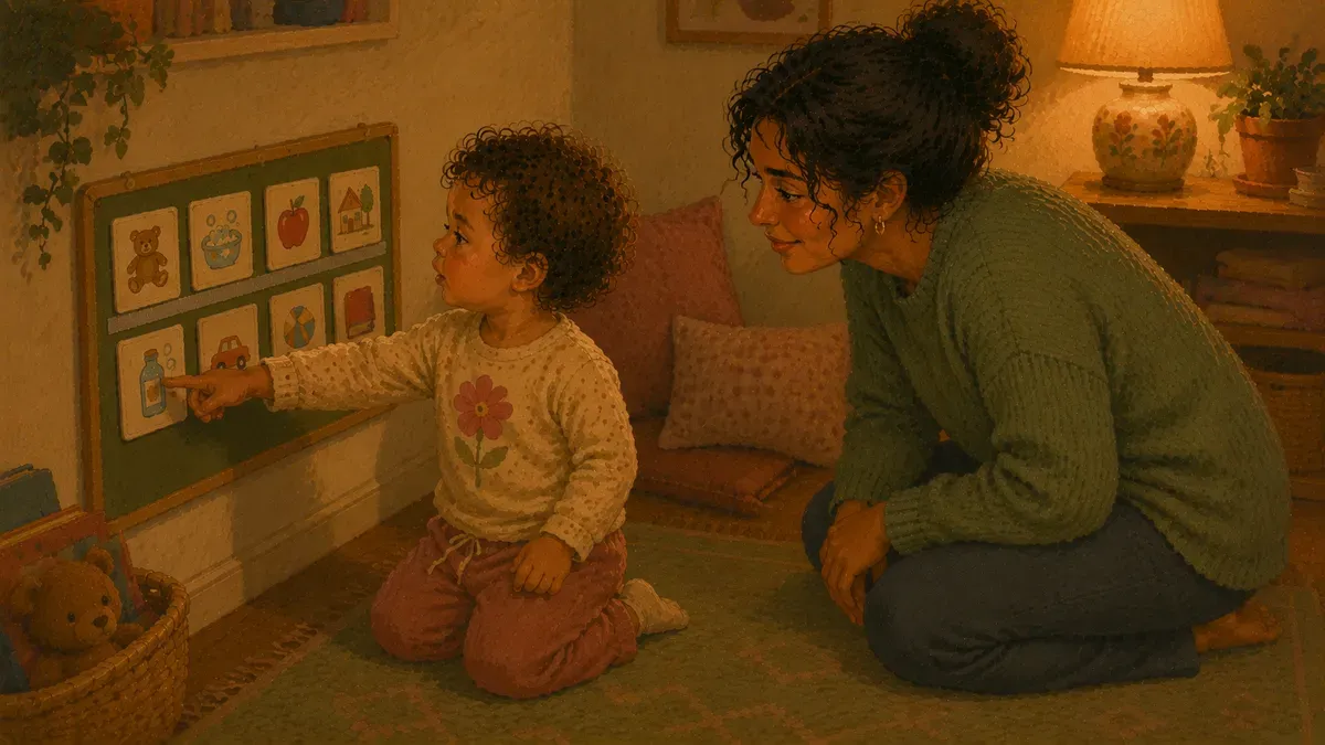 Calm toddler pointing to a visual card while a parent listens at eye level
