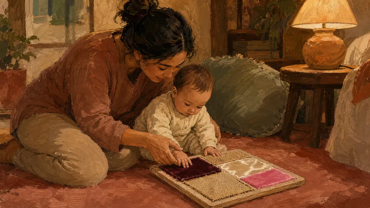 Caregiver gently guiding a baby's hand through a soft sensory texture board