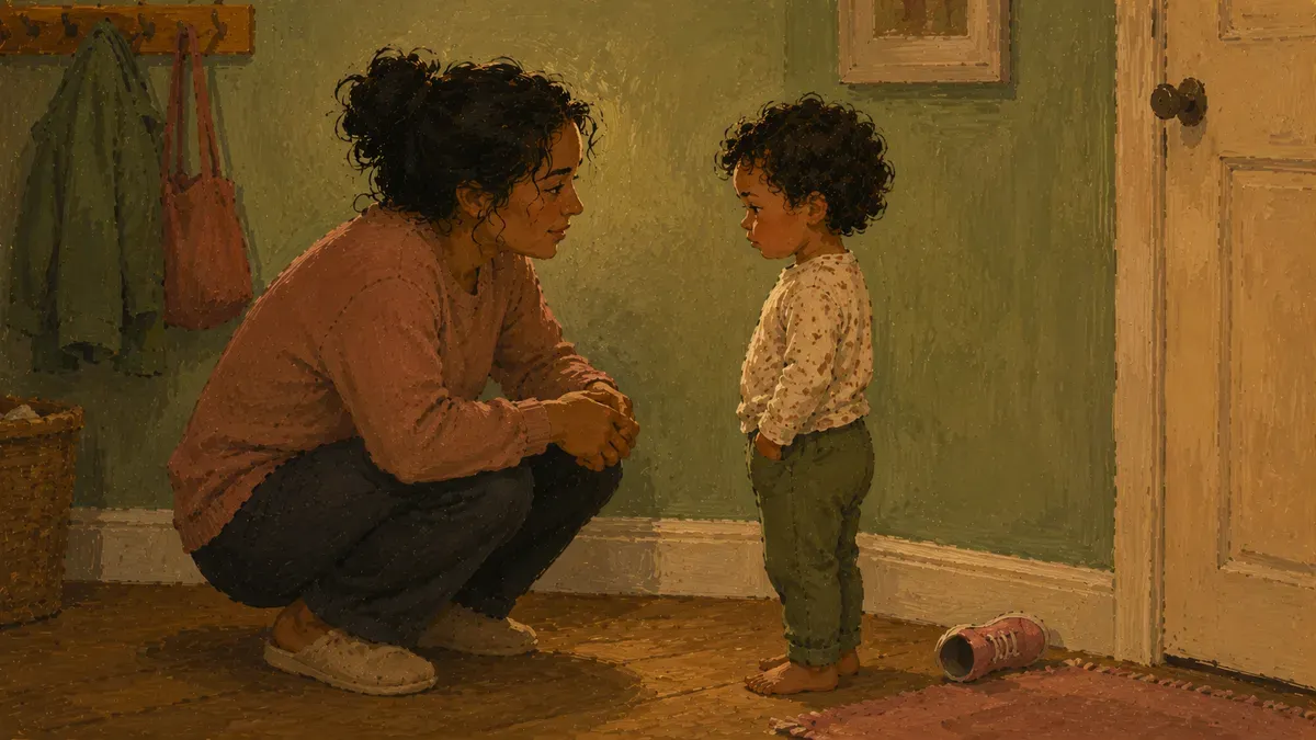 Caregiver kneeling calmly beside a child after an incident, modeling a quiet reset