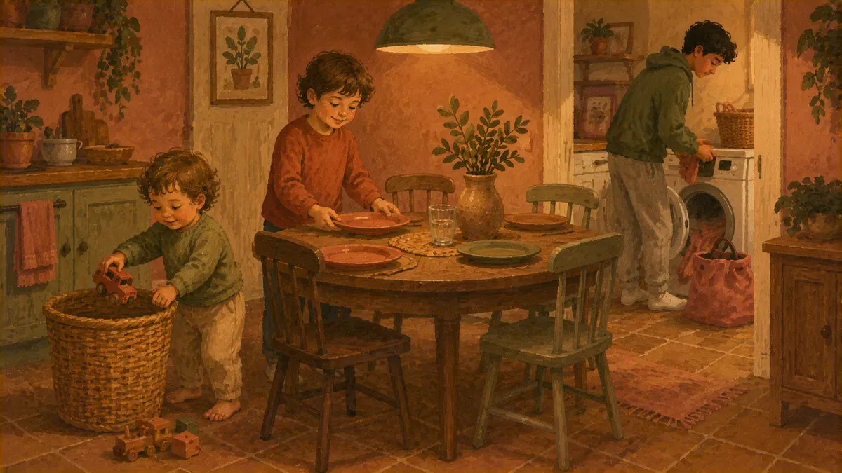 Chart showing examples of age-appropriate chores for toddlers, school-age kids, and teens
