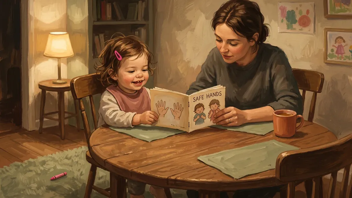 Child and parent reading a printed no hitting social story together at a table