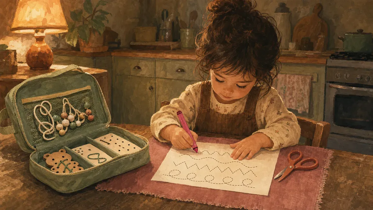 Child at a kitchen table transitioning from a busy bag to a tracing and cutting activity at a low table