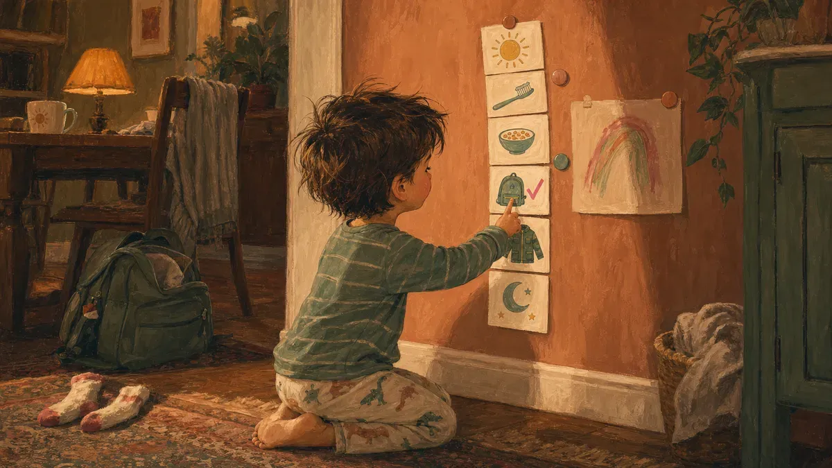 Child checking off a colorful morning routine chart on the fridge before school