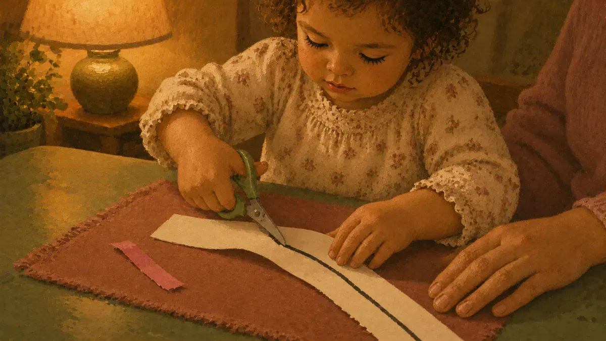 Child cutting along a thick line with safety scissors, supported by a parent's hand