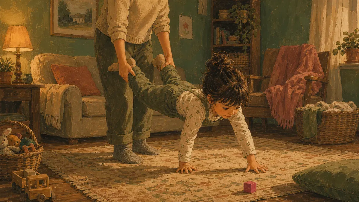 Child doing a wheelbarrow walk across the living room floor with a parent holding their legs
