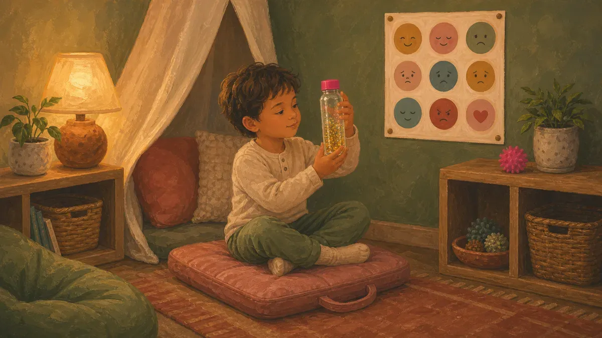 Child exploring a calm-down corner with sensory bottle and feelings chart