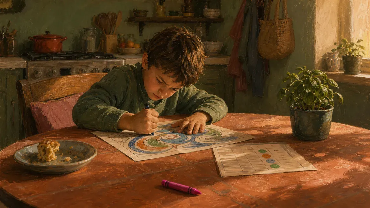 Child filling in an anger coloring page and a printable mood tracking sheet on the kitchen table