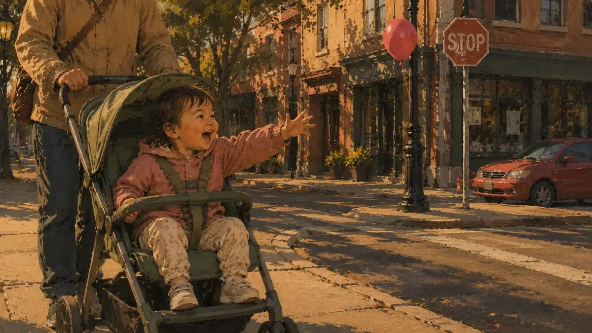 Child in a stroller pointing at red signs and cars on a neighborhood walk