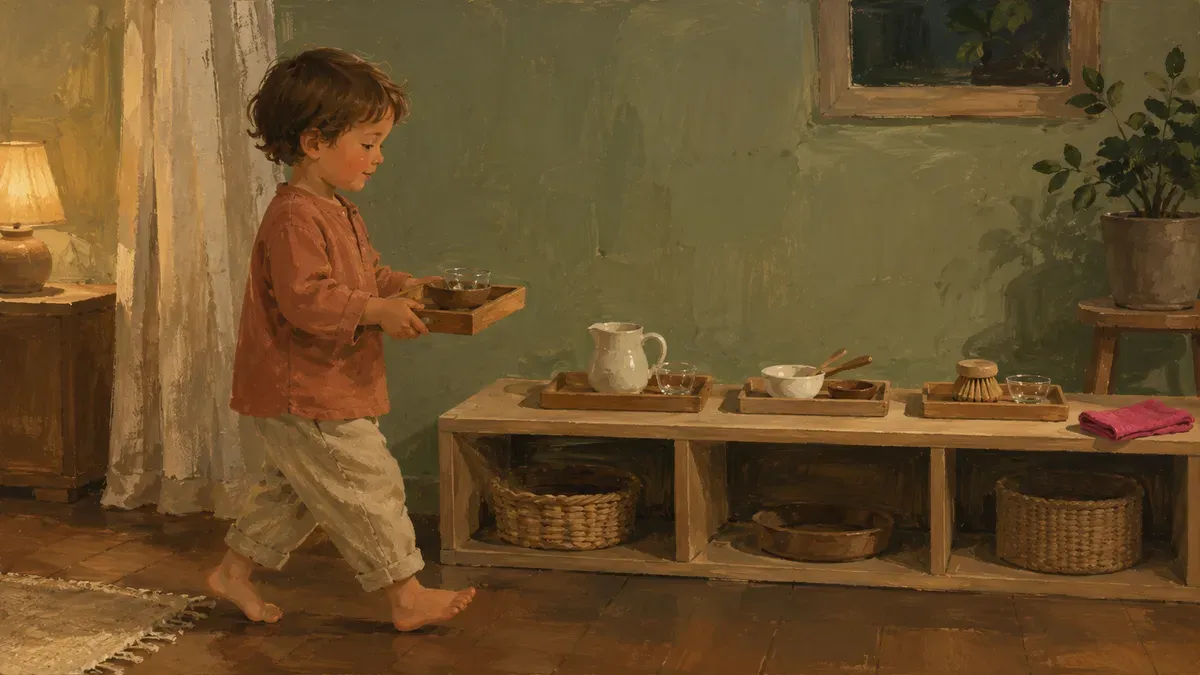 Child moving freely between Montessori practical life trays on open shelving