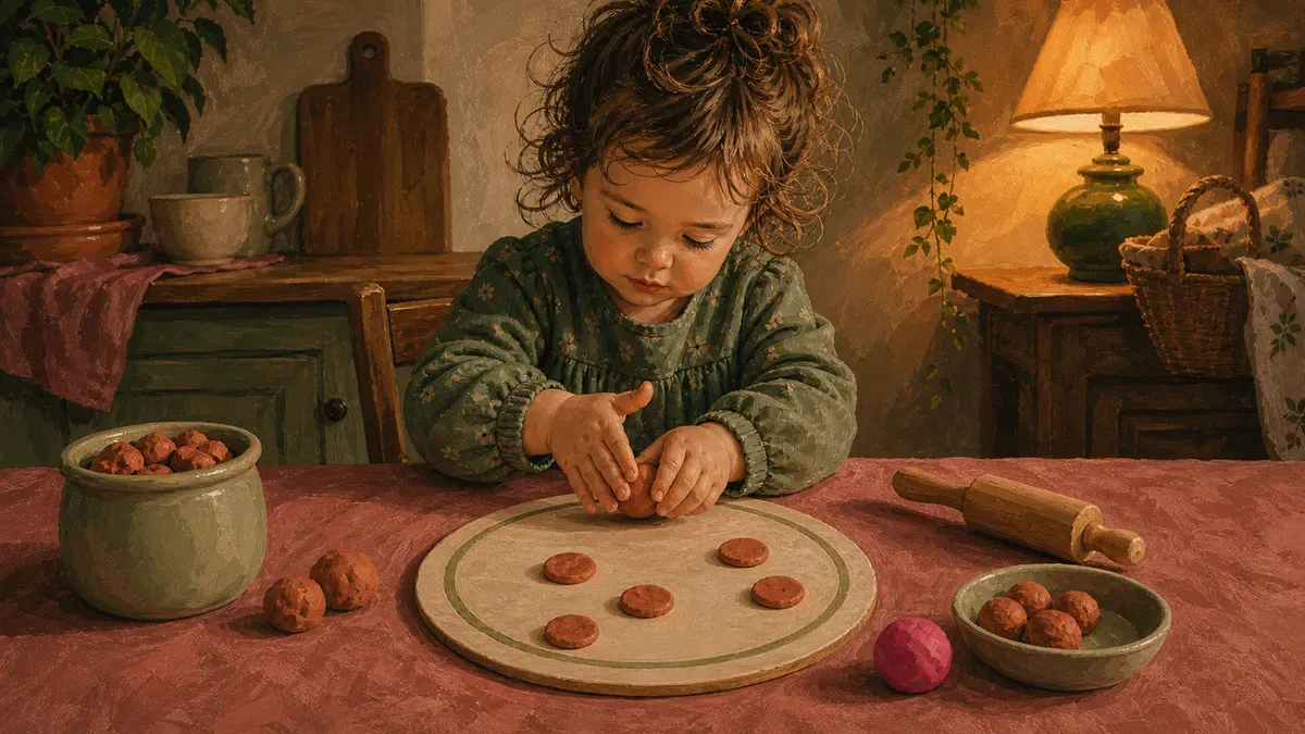 Child rolling scented play dough into pretend pizza toppings on a food mat