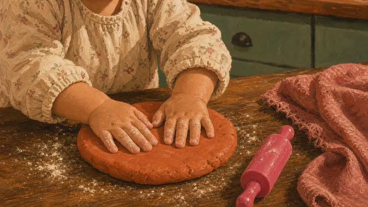 Child's hands pressing a ball of bright homemade play dough on a table