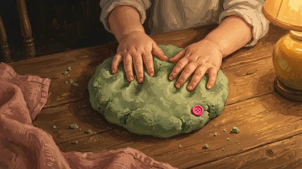 Child's hands squeezing and flattening a ball of colorful playdough on a table