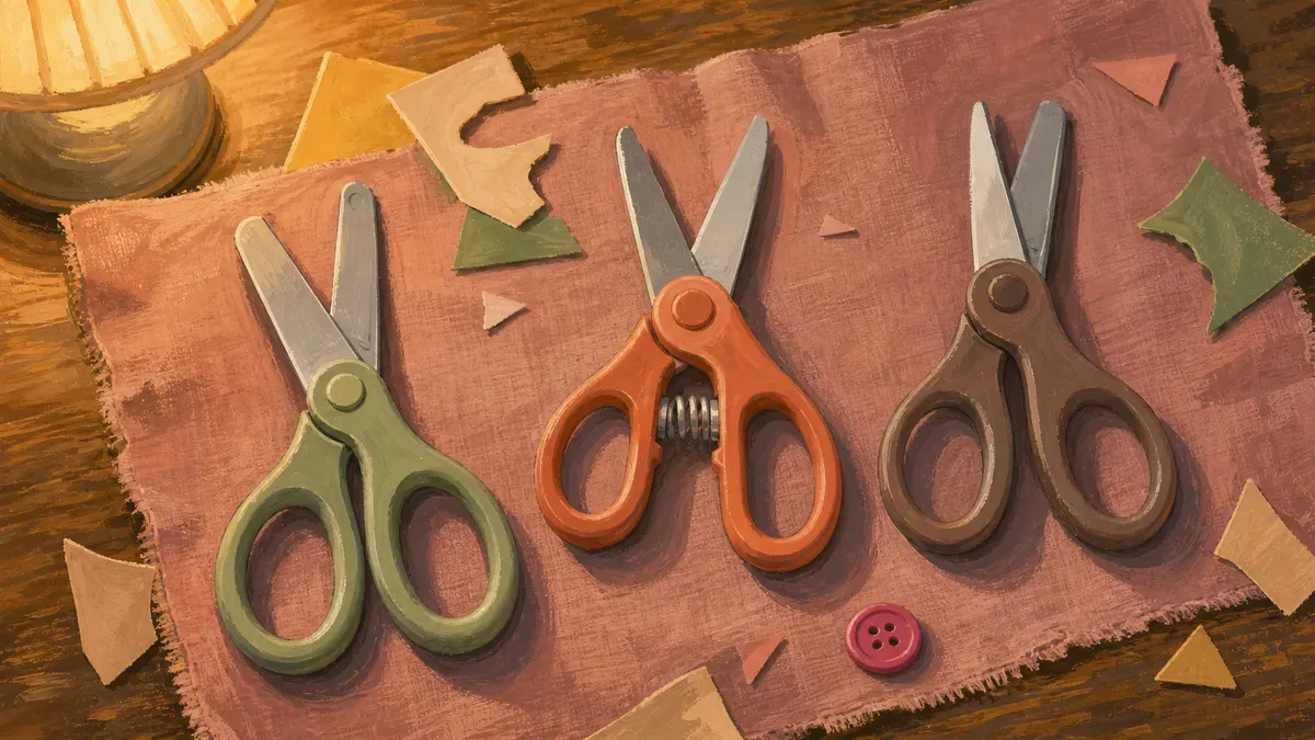 Child-safe scissors including spring-loaded and left-handed options laid out on a table