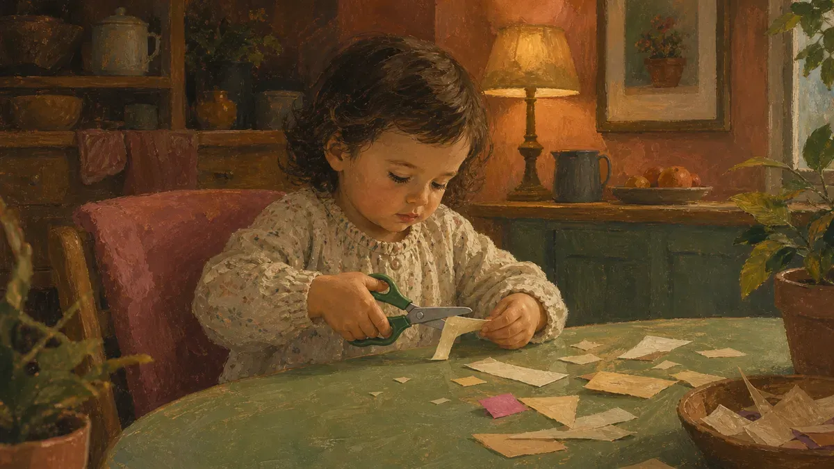 Child snipping a paper strip into small pieces at a table