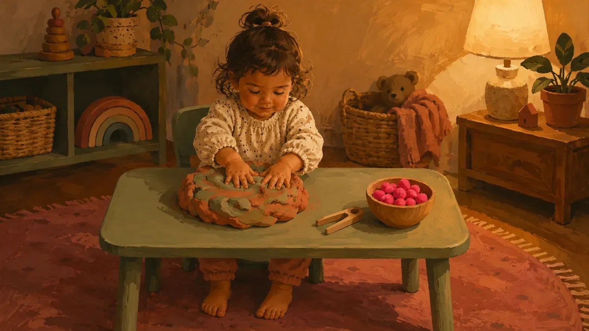 Child squeezing playdough and using tongs to build hand strength before scissor practice