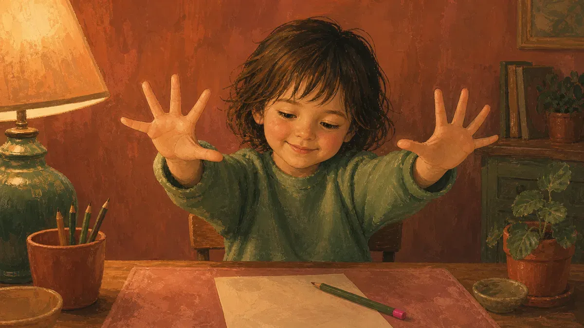 Child stretching fingers wide at a desk before picking up a pencil
