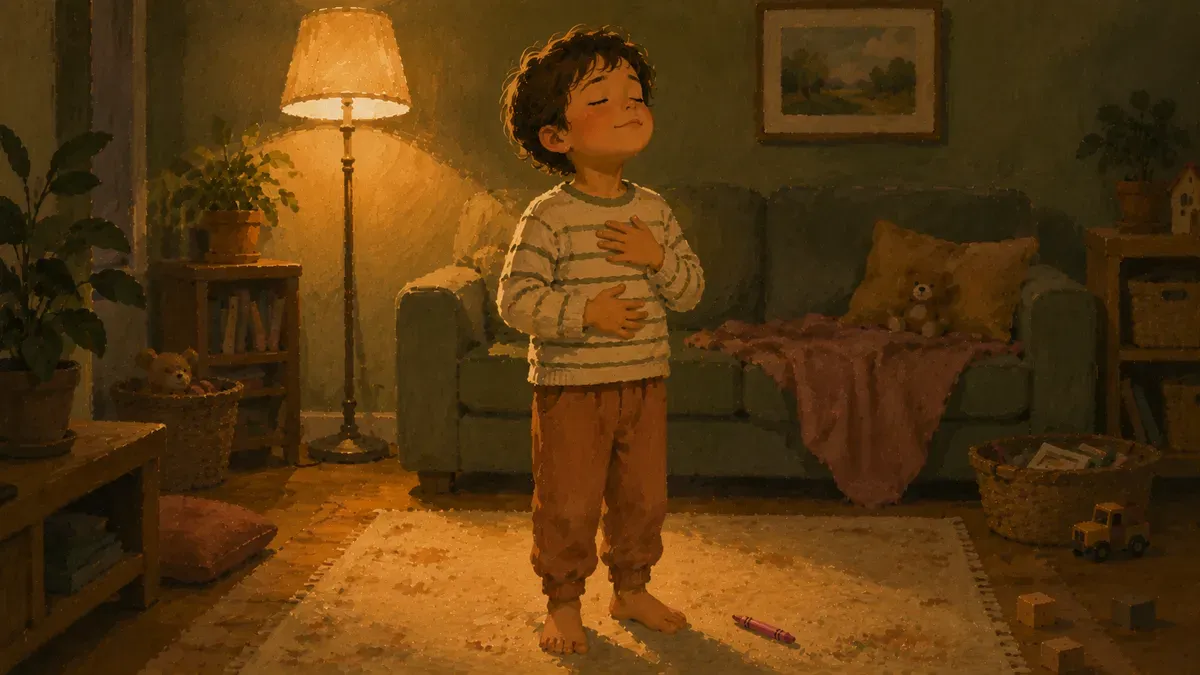 Child taking a slow deep breath indoors, no chart in sight