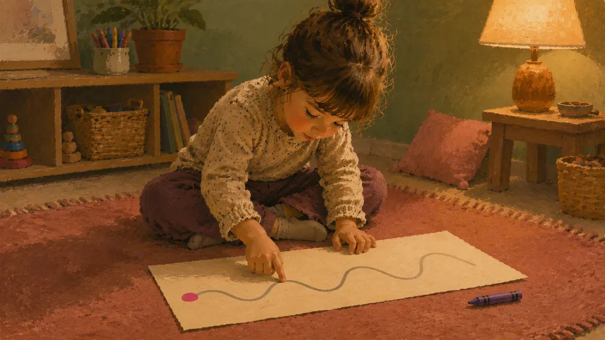 Child tracing a wavy pre-writing line with a finger before using a crayon