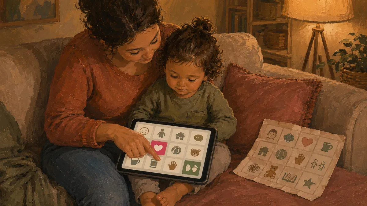 Child using a tablet AAC app while a parent points to a symbol on the screen