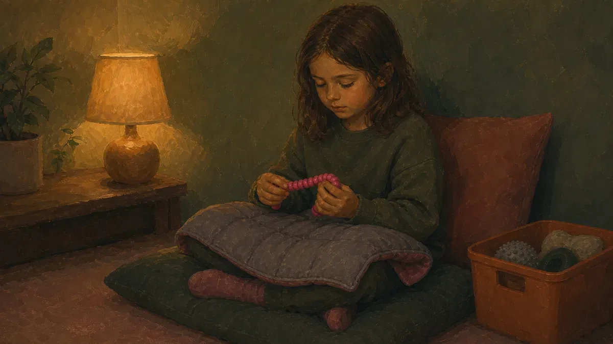Child using a weighted lap pad and fidget tool in a quiet sensory space