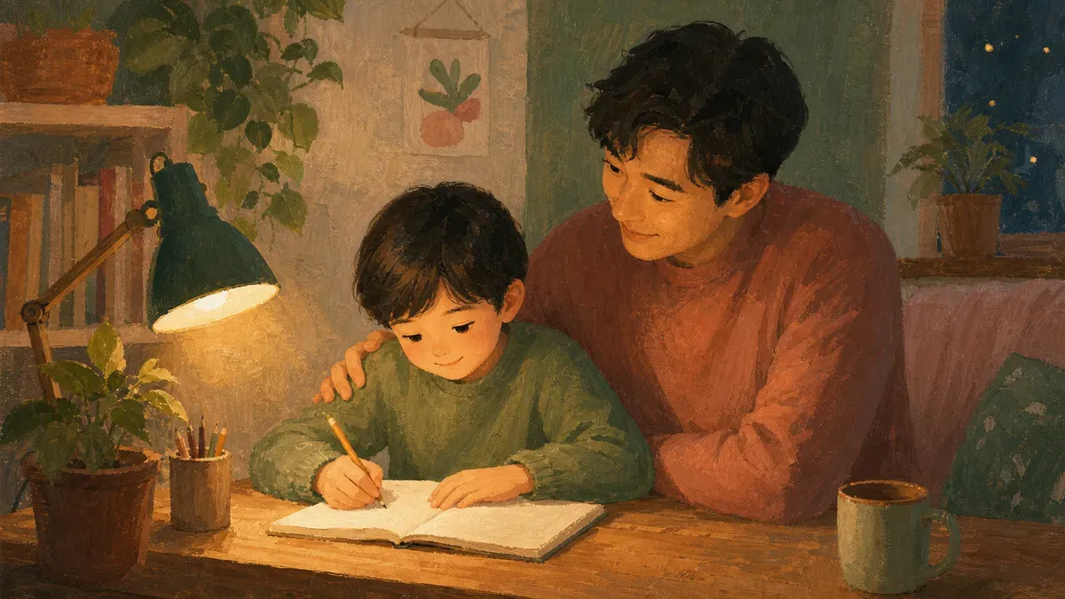 Child writing in a gratitude journal with a parent at a desk