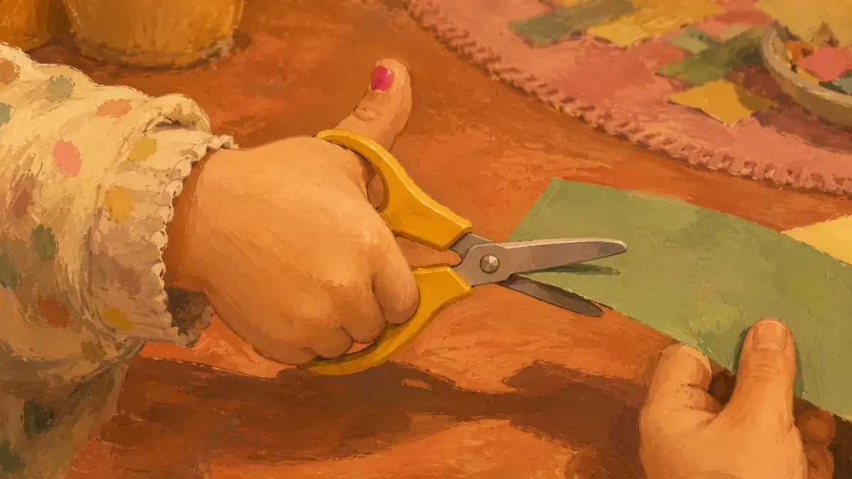 Close-up of a child's hand correctly positioned thumb-up on scissors mid-cut