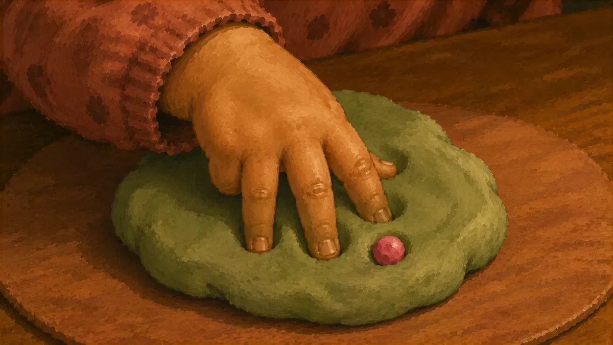 Close-up of a preschooler's hand forming a tripod grasp while pressing playdough into a mat