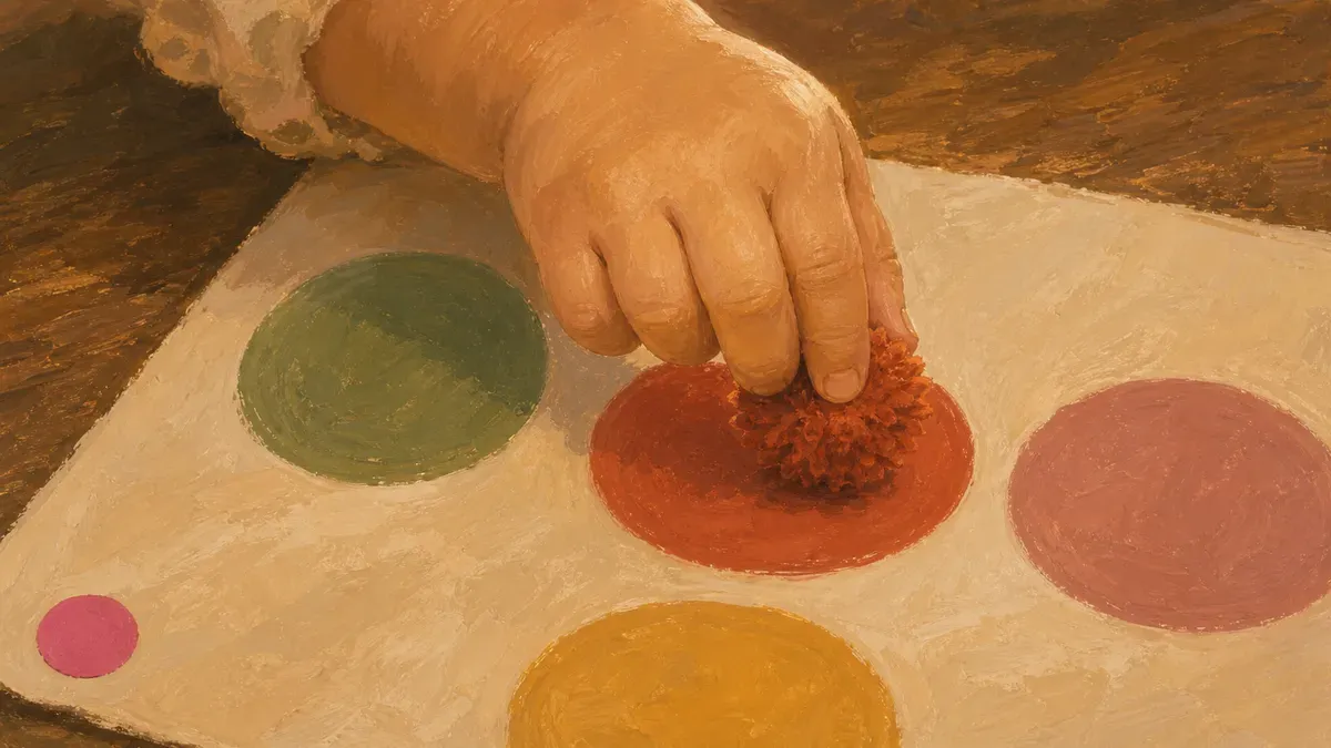 Close-up of a toddler's hand placing a red pom pom on a red circle